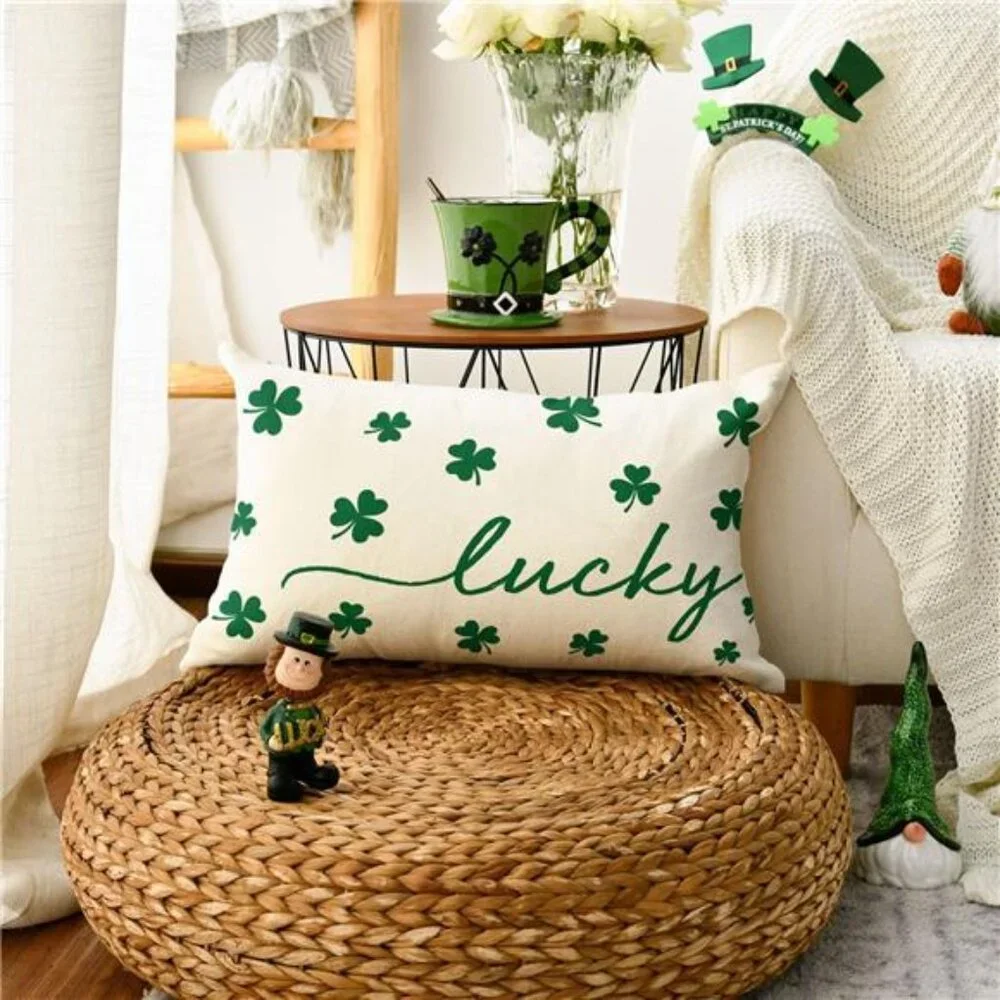 St Patricks Day Lucky Clover White Throw Pillow Cover, 12 x 20